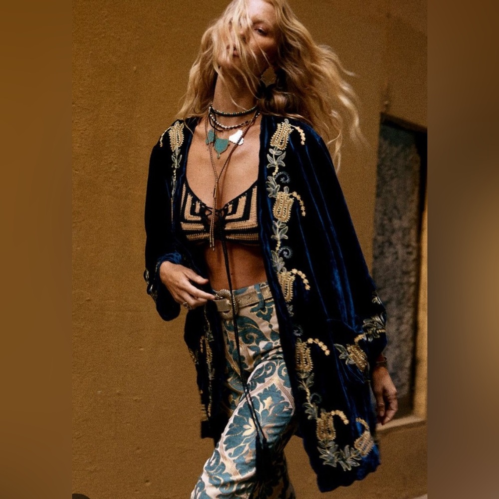 Chasing Unicorns Navy Blue Velvet Embroidered Kimono Jacket with Gold Accent